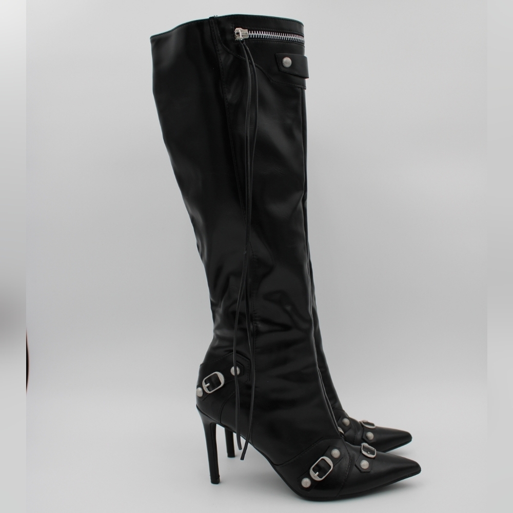 Shein Black Studded Knee-High Stiletto Boots | Women’s 6.5